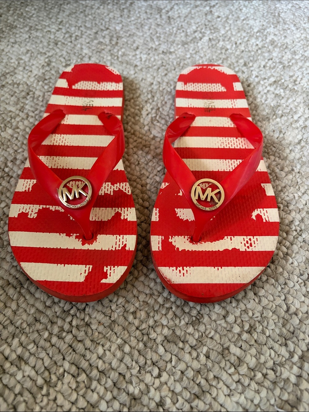 Michael Kors Red & White Striped Logo Flip Flops Thong Sandals